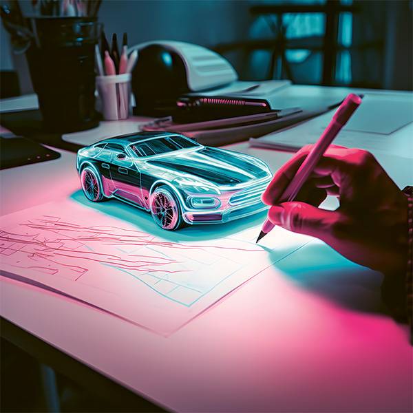 prompt: analog photo, taken with a disposable camera, light grain, faded tones, subtle grain, and soft vignetting of a hand drawing a holographic car with a futuristic pen in hand, in office, focus on hand, neon pink elements --v 5.2 --s 50