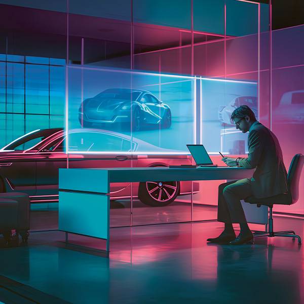 prompt: analog photo, taken with a disposable camera, light grain, faded tones, subtle grain, and soft vignetting of a person sitting at a desk, modern big office, holographic BMW in photo, neon pink elements --v 5.2 --2 50